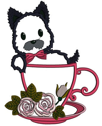 Cute Little Dog Sitting In a Beautiful Cup Applique Machine Embroidery Design Digitized Pattern