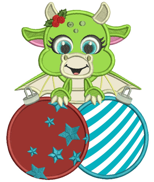 Cute Little Dragon Holding Christmas Ornaments Applique Machine Embroidery Design Digitized Pattern