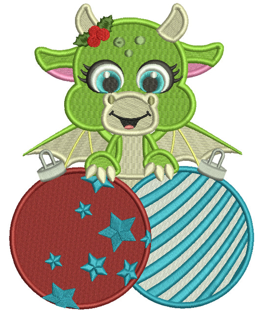 Cute Little Dragon Holding Christmas Ornaments Filled Machine Embroidery Design Digitized Pattern
