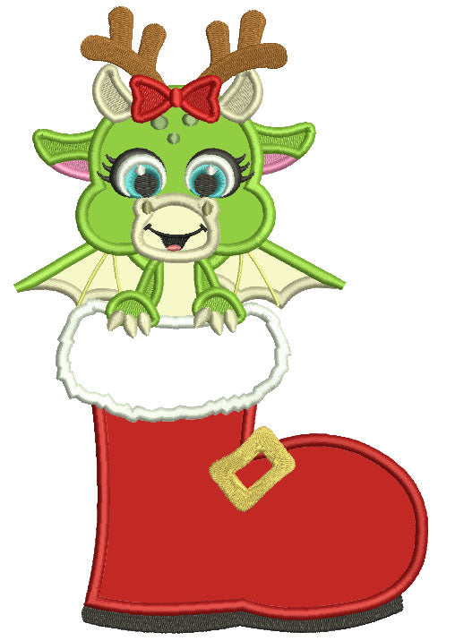 Cute Little Dragon Sitting Inside Santa Shoe Applique Christmas Machine Embroidery Design Digitized Pattern