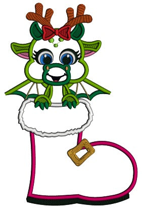 Cute Little Dragon Sitting Inside Santa Shoe Applique Christmas Machine Embroidery Design Digitized Pattern