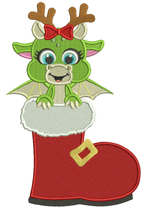 Cute Little Dragon Sitting Inside Santa Shoe Filled Christmas Machine Embroidery Design Digitized Pattern