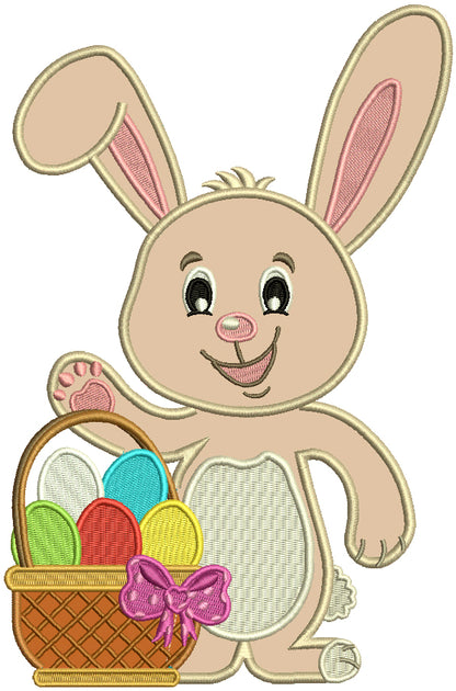 Cute Little Easter Bunny With Basket Full Of Eggs Applique Machine Embroidery Design Digitized Pattern