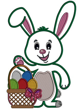 Cute Little Easter Bunny With Basket Full Of Eggs Applique Machine Embroidery Design Digitized Pattern