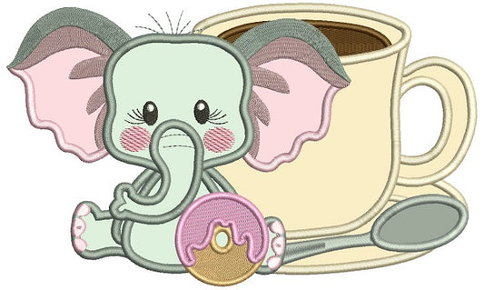 Cute Little Elephant And Coffee Applique Machine Embroidery Design Digitized Pattern