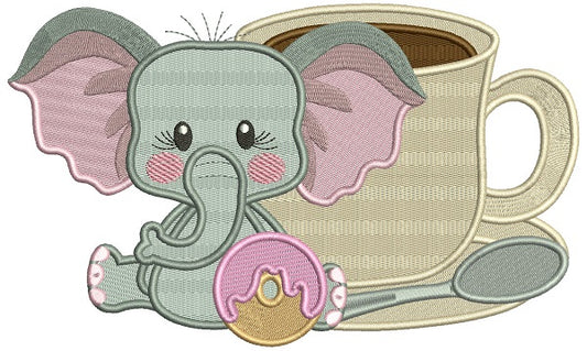Cute Little Elephant And Coffee Filled Machine Embroidery Design Digitized Pattern