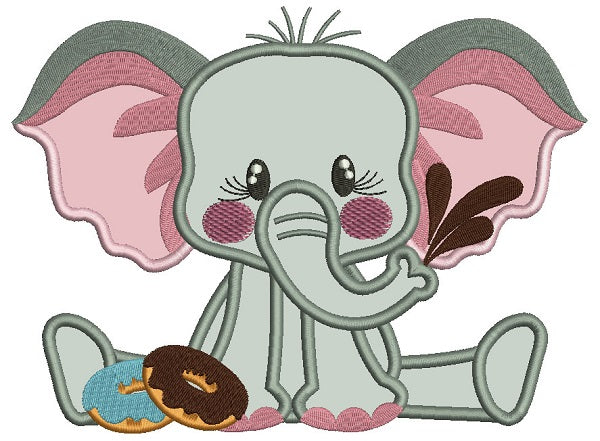 Cute Little Elephant Eating Donuts Applique Machine Embroidery Design Digitized Pattern