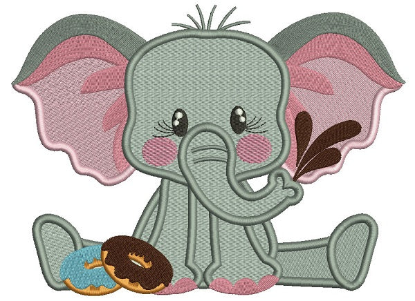 Cute Little Elephant Eating Donuts Filled Machine Embroidery Design Digitized Pattern