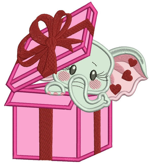 Cute Little Elephant Hiding in a Gift Box Applique Machine Embroidery Design Digitized Pattern
