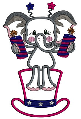 Cute Little Elephant Holding Firecrackers Sitting On a Hat Independence Day Applique Machine Embroidery Design Digitized Pattern