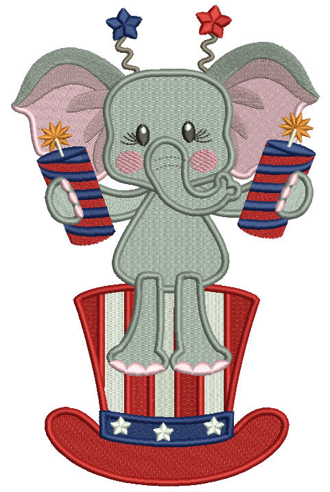 Cute Little Elephant Holding Firecrackers Sitting On a Hat Independence Day Filled Machine Embroidery Design Digitized Pattern