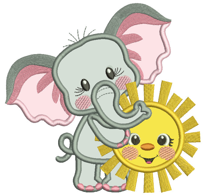 Cute Little Elephant Holding The Sun Applique Machine Embroidery Design Digitized