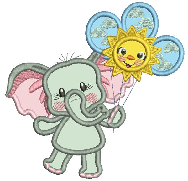 Cute Little Elephant Holding Three Balloons Applique Machine Embroidery Design Digitized