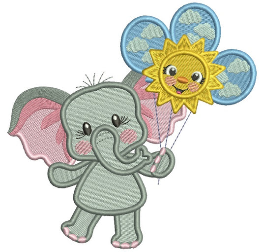 Cute Little Elephant Holding Three Balloons Filled Machine Embroidery Design Digitized
