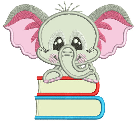 Cute Little Elephant Holding Two Books School Applique Machine Embroidery Design Digitized Pattern