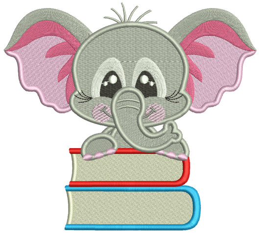 Cute Little Elephant Holding Two Books School Filled Machine Embroidery Design Digitized Pattern