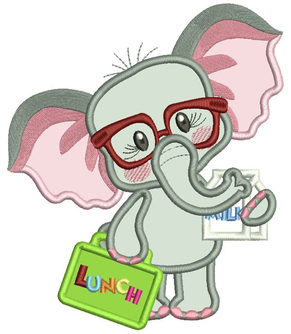 Cute Little Elephant Holding a Lunch Box Back To School Applique Machine Embroidery Design Digitized Pattern