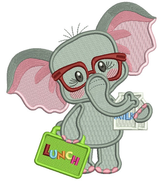 Cute Little Elephant Holding a Lunch Box Back To School Filled Machine Embroidery Design Digitized Pattern