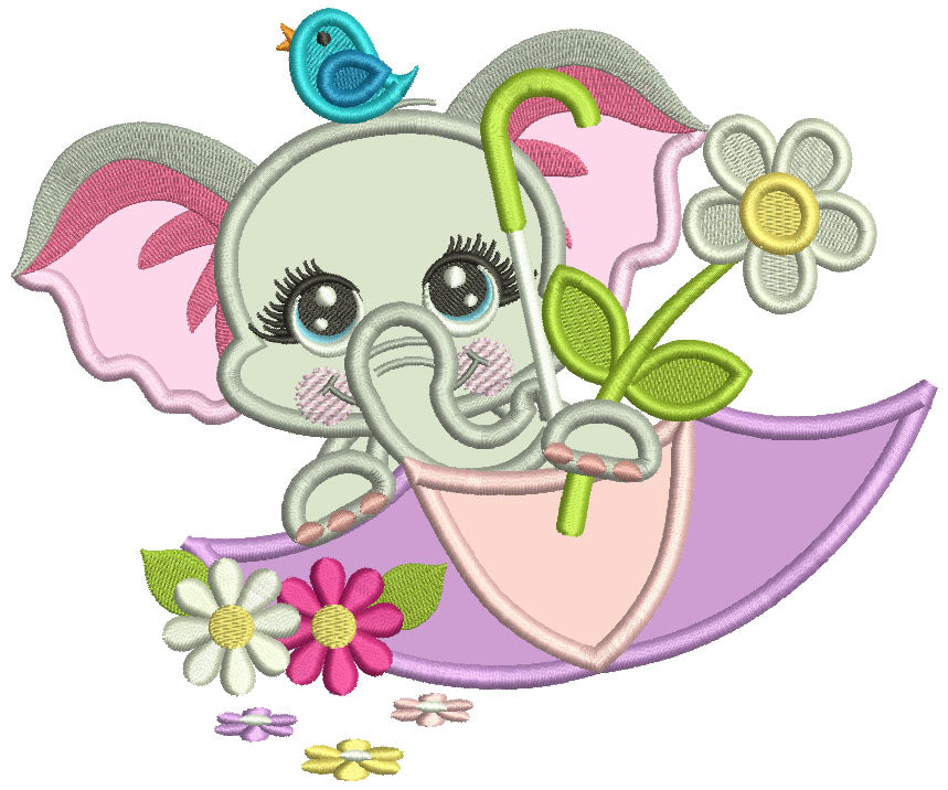 Cute Little Elephant Inside An Umbrella Applique Machine Embroidery Design Digitized Pattern