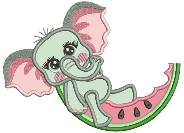 Cute Little Elephant Sitting On a Slice Of Watermelon Applique Machine Embroidery Design Digitized Pattern