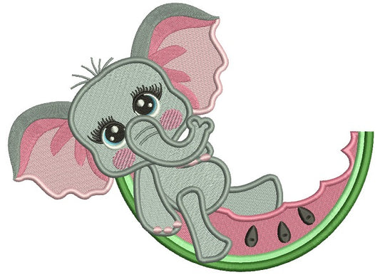 Cute Little Elephant Sitting On a Slice Of Watermelon Filled Machine Embroidery Design Digitized Pattern