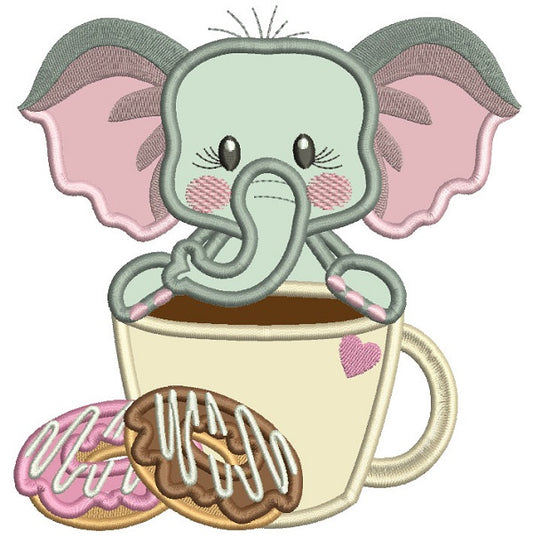 Cute Little Elephant Standing Behind A Coffee Cup Applique Machine Embroidery Design Digitized Pattern
