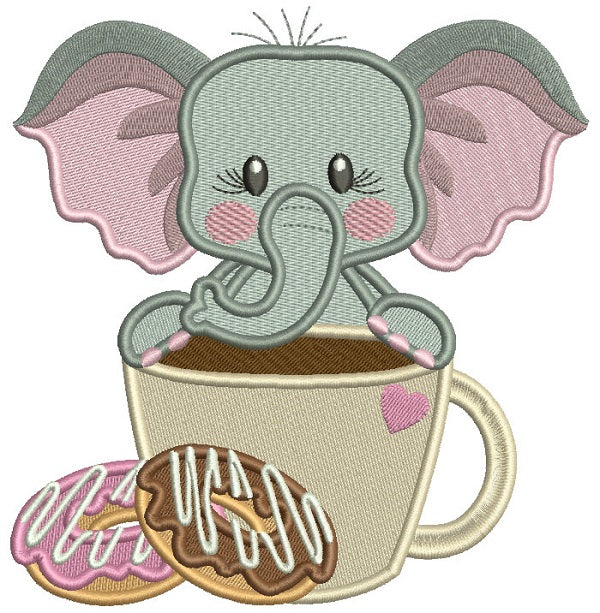 Cute Little Elephant Standing Behind A Coffee Cup Filled Machine Embroidery Design Digitized Pattern