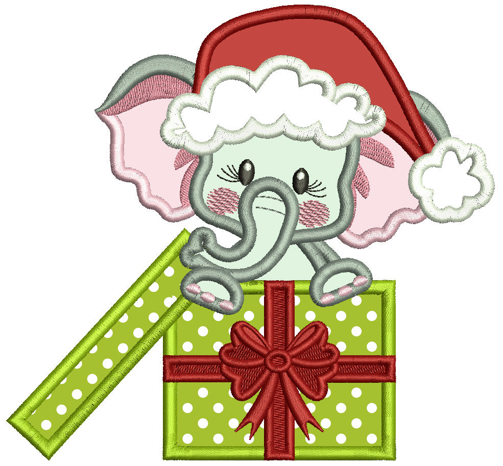 Cute Little Elephant Wearing Santa's Hat Sitting Inside Gift Box Applique Machine Embroidery Design Digitized Pattern