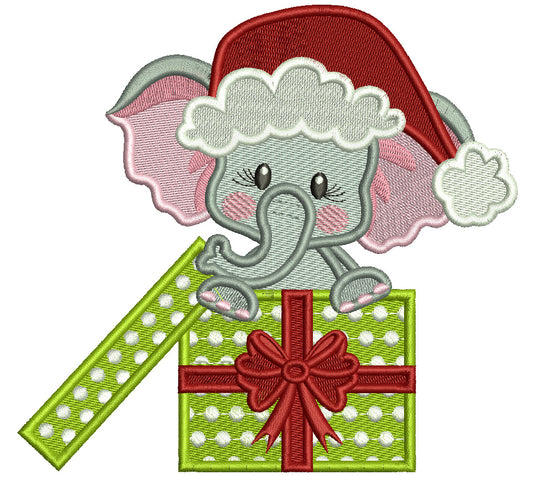 Cute Little Elephant Wearing Santa's Hat Sitting Inside Gift Box Filled Machine Embroidery Design Digitized Pattern