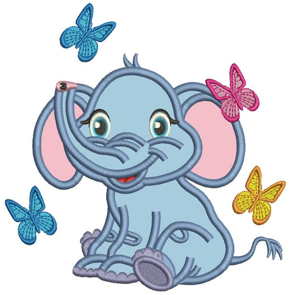 Cute Little Elephant With Butterflies Applique Machine Embroidery Desi ...