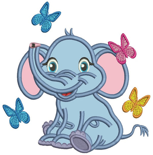 Cute Little Elephant With Butterflies Applique Machine Embroidery Design Digitized Pattern