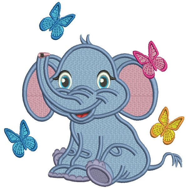 Cute Little Elephant With Butterflies Filled Machine Embroidery Design Digitized Pattern