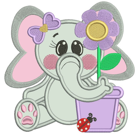 Cute Little Elephant With a Flower Pot Applique Machine Embroidery Design Digitized Pattern