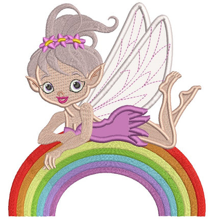 Cute Little Fairy On The Rainbow Applique Machine Embroidery Design Digitized Pattern