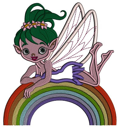 Cute Little Fairy On The Rainbow Applique Machine Embroidery Design Digitized Pattern