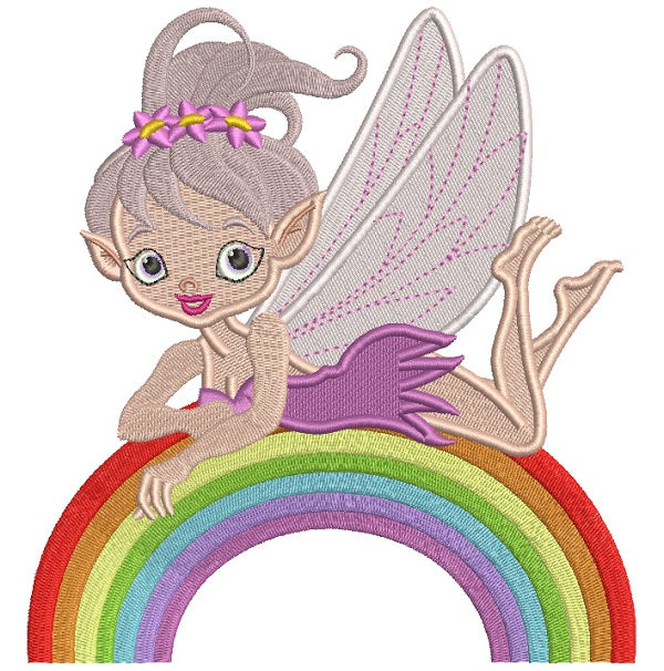 Cute Little Fairy On The Rainbow Filled Machine Embroidery Design Digitized Pattern