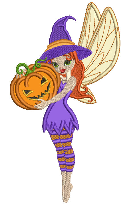 Cute Little Fairy Witch Holding Pumpkin Halloween Applique Machine Embroidery Design Digitized Pattern