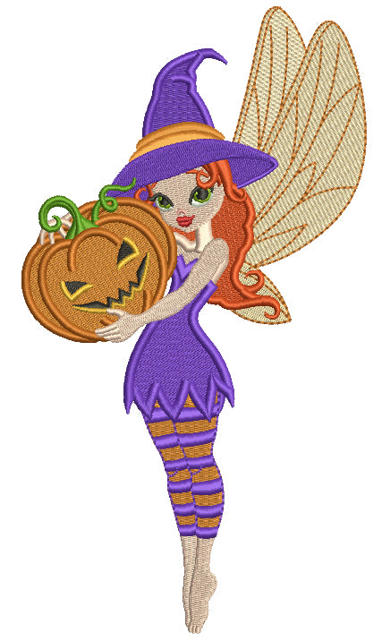 Cute Little Fairy Witch Holding Pumpkin Halloween Filled Machine Embroidery Design Digitized Pattern