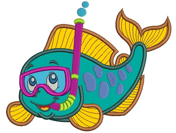 Cute Little Fish Diver Wearing Snorkeling Gear Applique Machine Embroidery Design Digitized Pattern