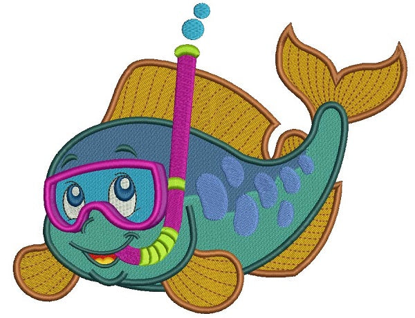 Cute Little Fish Diver Wearing Snorkeling Gear Filled Machine Embroidery Design Digitized Pattern