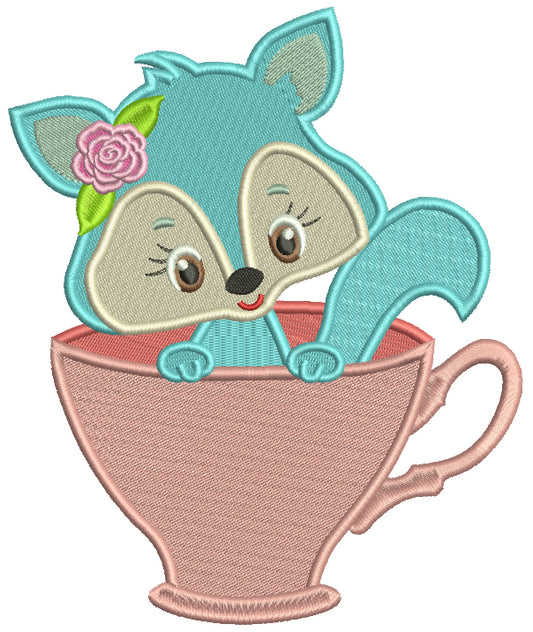Cute Little Fox Sitting Inside Cup Filled Machine Embroidery Design Digitized Pattern