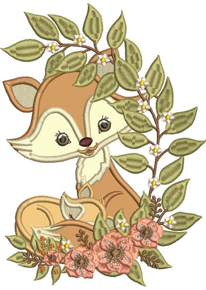 Cute Little Fox With Flowers Applique Machine Embroidery Design Digitized Pattern