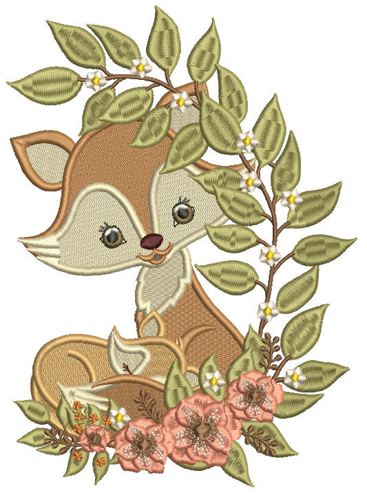 Cute Little Fox With Flowers Filled Machine Embroidery Design Digitized Pattern