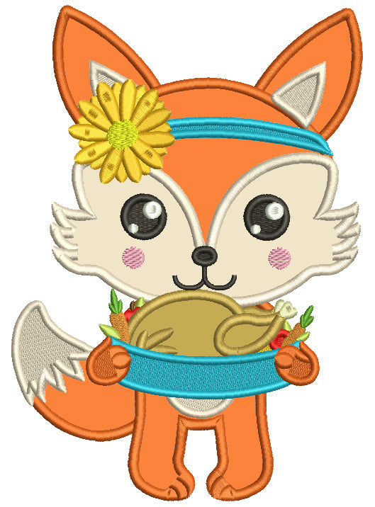 Cute Little Fox With Turkey Thanksgiving Applique Machine Embroidery Design Digitized Pattern