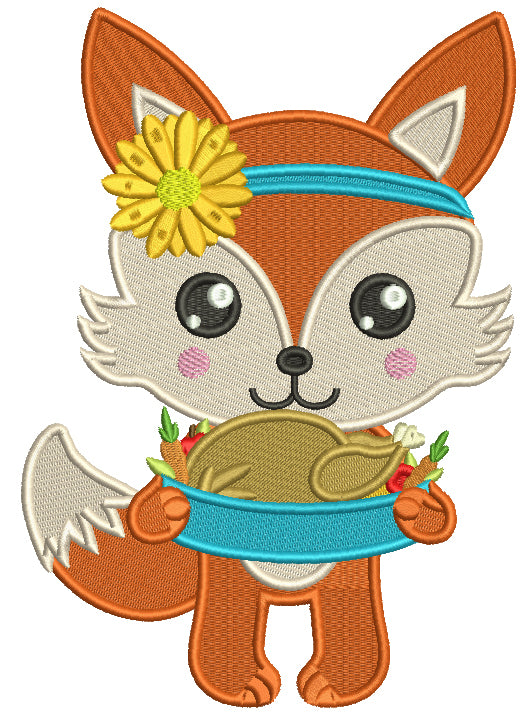 Cute Little Fox With Turkey Thanksgiving Filled Machine Embroidery Design Digitized Pattern