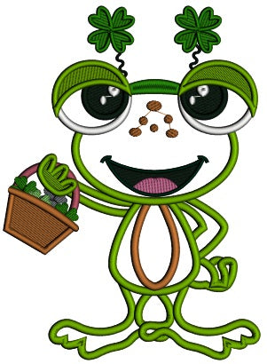 Cute Little Frog Holding Basket With Shamrocks Applique St. Patrick's Day Machine Embroidery Design Digitized Pattern