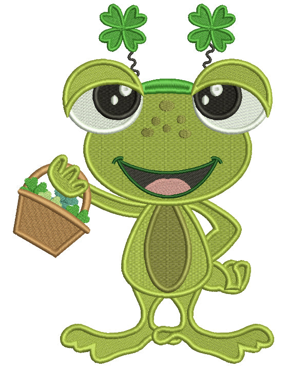 Cute Little Frog Holding Basket With Shamrocks Filled St. Patrick's Day Machine Embroidery Design Digitized Pattern