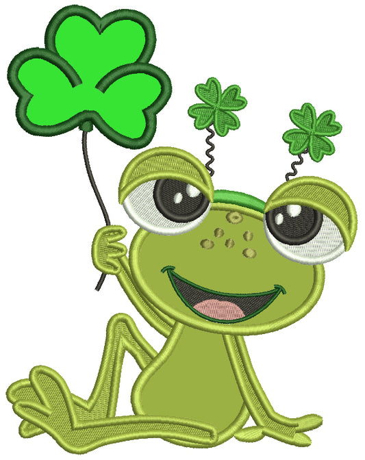 Cute Little Frog Holding Big Shamrock St. Patrick's Day Applique Machine Embroidery Design Digitized Pattern
