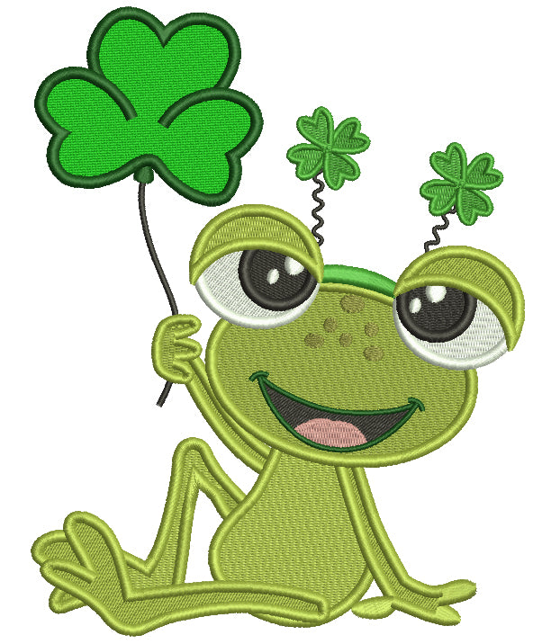 Cute Little Frog Holding Big Shamrock St. Patrick's Day Filled Machine Embroidery Design Digitized Pattern