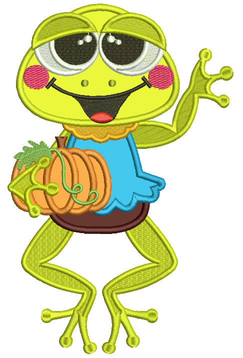 Cute Little Frog Holding a Pumpkin Thanksgiving Applique Machine Embroidery Design Digitized Pattern